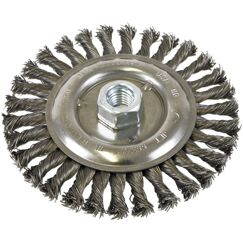 Brosse filet&eacute;e &agrave; fils nou&eacute;es et face standard, Dia. 6", Fils 0,022", Arbre 5/8"-11, Acier D. Morneault & Fils
