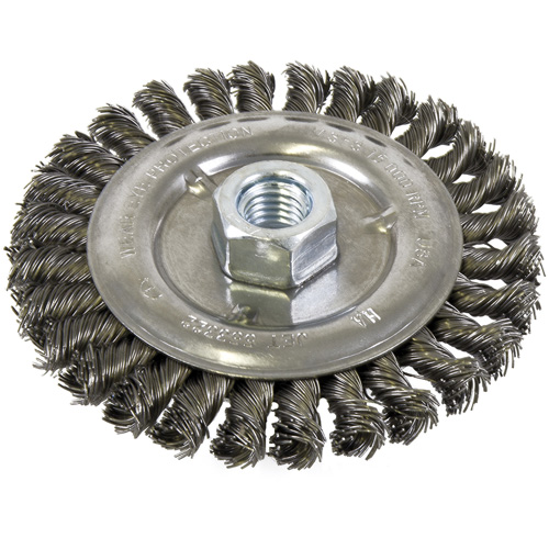 Brosse filet&eacute;e &agrave; fils nou&eacute;s et face standard, Dia. 5", Fils 0,022", Arbre 5/8"-11, Acier D. Morneault & Fils