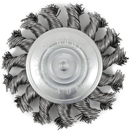 Brosse radiale &agrave; fils nou&eacute;s torsad&eacute;s mont&eacute; sur mandrin, Dia. 3", Fils 0,02", Arbre 1/4", Acier inoxydable D. Morneault & Fils