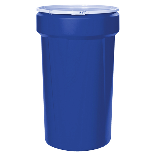Baril emboîtable en poly&eacute;thyl&egrave;ne, 30 gal. US (25 gal. imp.), Dessus ouvert, Bleu D. Morneault & Fils