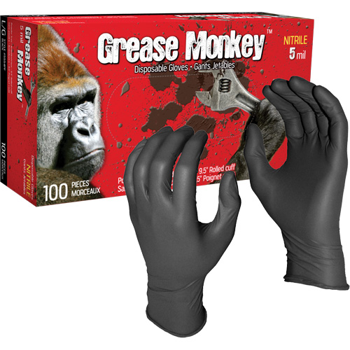 Gants jetables Grease Monkey, Grand, Nitrile, 5 mils, Sans poudre, Noir D. Morneault & Fils