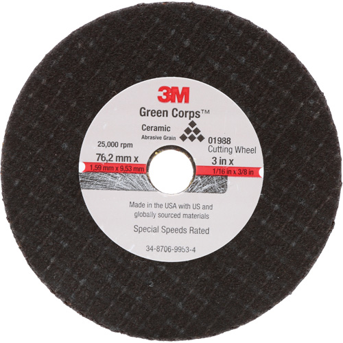 General-Purpose Cut-Off Wheel, 3" x 1/16", 3/8" Arbor, Type 27, Aluminum Oxide, 25000 RPM D. Morneault & Fils