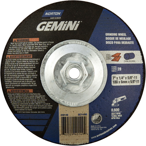 Gemini&reg; Saucer Wheel, 7" x 1/4", 5/8"-11 Arbor, Aluminum Oxide, Type 28 D. Morneault & Fils