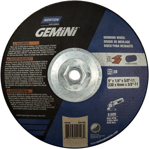 Gemini&reg; Saucer Wheel, 9" x 1/4", 5/8"-11 Arbor, Aluminum Oxide, Type 28 D. Morneault & Fils