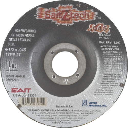 Disque de coupe Z-Tech, 4-1/2" x 0,045", Arbre de 7/8", Type 27, Zirconium, 13 300 Tr/min D. Morneault & Fils