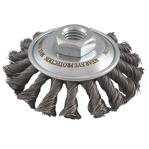 Knotted Wire Wheel Saucer Brushes, 5" Dia., 0.02" Fill, 5/8"-11 Arbor, Steel D. Morneault & Fils