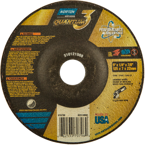 Quantum3 Grinding Wheel, 5" x 1/4", 7/8" Arbor, Ceramic, Type 27 D. Morneault & Fils