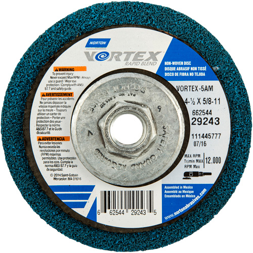 Meule abrasive non tiss&eacute;e &agrave; moyeu d&eacute;port&eacute; Vortez Rapid Blend, 4-1/2" dia., Grain 100-120, Oxyde d'aluminium D. Morneault & Fils