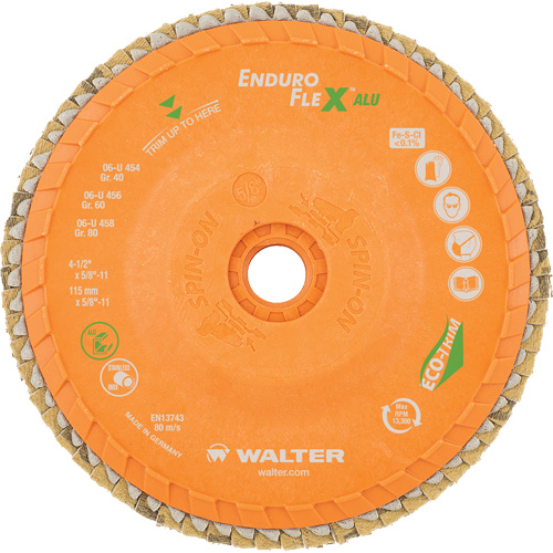 Enduro-Flex Alu Spin-On Flap Disc, 4-1/2" x 5/8"-11, Type 27, 40 Grit, Zirconia Alumina D. Morneault & Fils