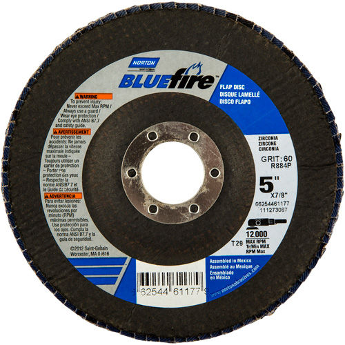 Disque &agrave; lamelles BlueFire, 5" x 7/8", Type 29, Grain 36, Alumine de zirconium D. Morneault & Fils