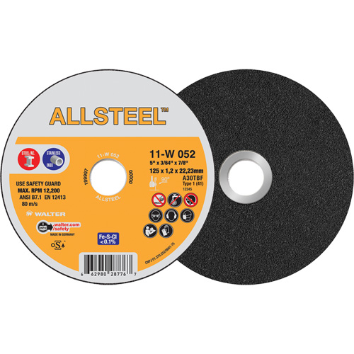 Meule &agrave; tronçonner AllSteel, 5" x 3/64", Arbre de 7/8", Type 1, Oxyde d'aluminium, 12250 Tr/min D. Morneault & Fils