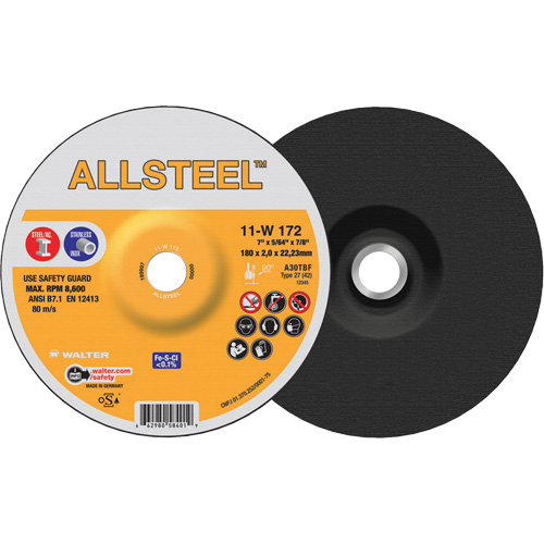 Meule &agrave; tronçonner ALLSTEEL, 7" x 5/64", Arbre de 7/8", Type 27, Oxyde d'aluminium, 8500 Tr/min D. Morneault & Fils