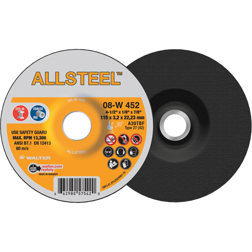 Meule AllSteel, 4-1/2" x 1/8", Arbre 7/8", Oxyde d'aluminium, Type 27 D. Morneault & Fils
