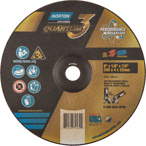 Quantum3 Grinding & Cutting Wheel, 9" x 1/8", 7/8" Arbor, Type 27, 24 Grit, Ceramic Alumina D. Morneault & Fils