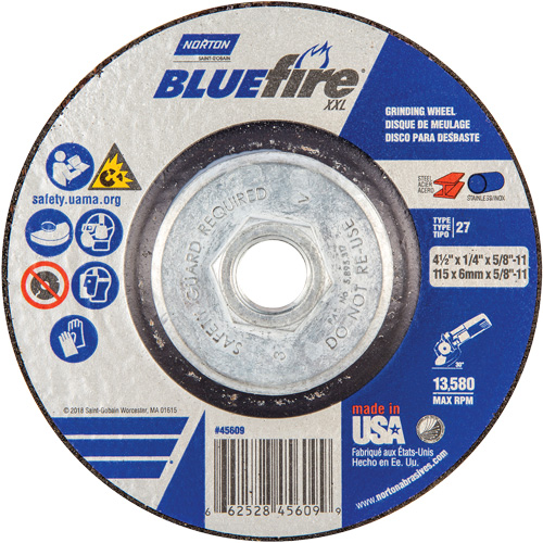 BlueFire&reg; XXL Grinding Wheel, 4-1/2" x 1/4", 5/8" Arbor, Ceramic Alumina, Type 27 D. Morneault & Fils