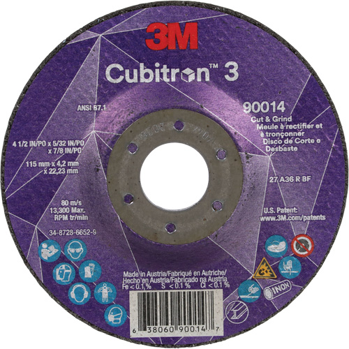 Cubitron 3 Cut & Grind Wheel, 4-1/2" x 5/32", 7/8" Arbor, Type T27, 36+ Grit, Ceramic D. Morneault & Fils