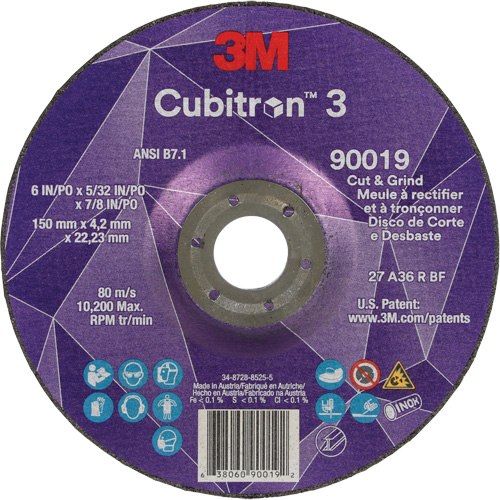 Meule &agrave; couper & tronçonner Cubitron 3, 6" x 5/32", Arbre de 7/8", Type T27, Grain de 36+, C&eacute;ramique D. Morneault & Fils