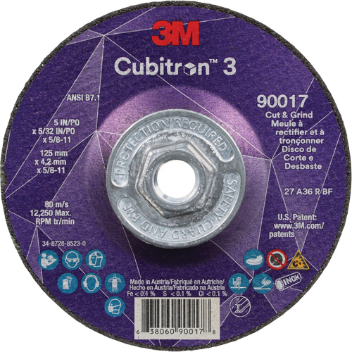 Meule &agrave; couper & tronçonner Cubitron 3, 5" x 5/32", Arbre de 5/8"-11, Type T27, Grain de 36+, C&eacute;ramique D. Morneault & Fils