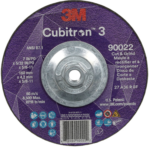 Meule &agrave; rectifier et &agrave; tronçonner Cubitron 3, 7" x 5/32", Arbre de 5/8"-11, Type 27, Grain de 36, C&eacute;ramique D. Morneault & Fils