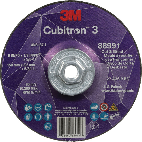 Cubitron 3 Cut and Grind Wheel, 6" x 1/8", 5/8"-11 Arbor, Type 27, 36 Grit, Ceramic D. Morneault & Fils