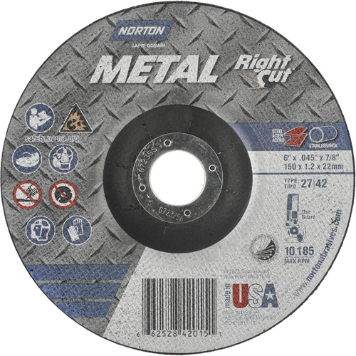 Metal RightCut Right Angle Cut-Off Wheel, 6" x 0.045", 7/8" Arbor, Type 27/42, Aluminum Oxide, 10190 RPM D. Morneault & Fils