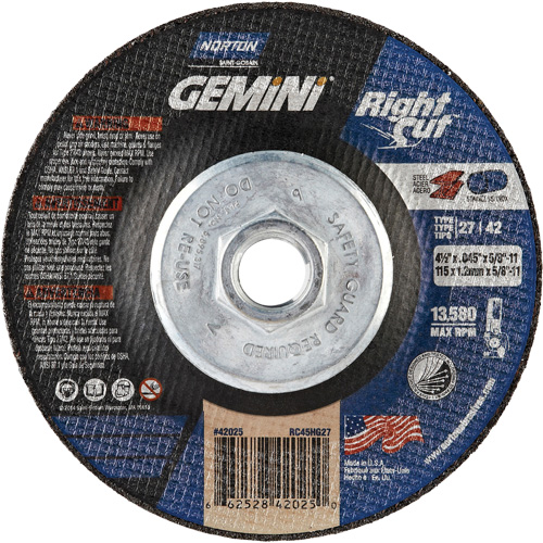 Gemini RightCut Right Angle Cut-Off Wheel, 4-1/2" x 0.045", 5/8"-11 Arbor, Type 27/42, Aluminum Oxide, 13580 RPM D. Morneault & Fils