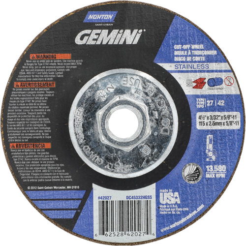 Gemini INOX/SS Right Angle Cut-Off Wheel, 4-1/2" x 3/32", 5/8"-11 Arbor, Type 27/42, Aluminum Oxide, 13580 RPM D. Morneault & Fils