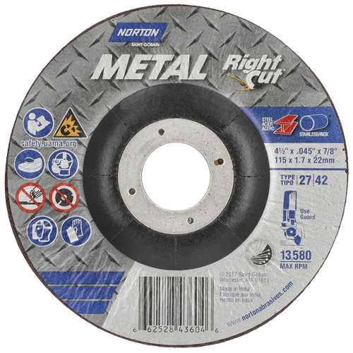 Metal RightCut Right Angle Cut-Off Wheel, 4-1/2" x 0.045", 7/8" Arbor, Type 27, Aluminum Oxide, 13580 RPM D. Morneault & Fils