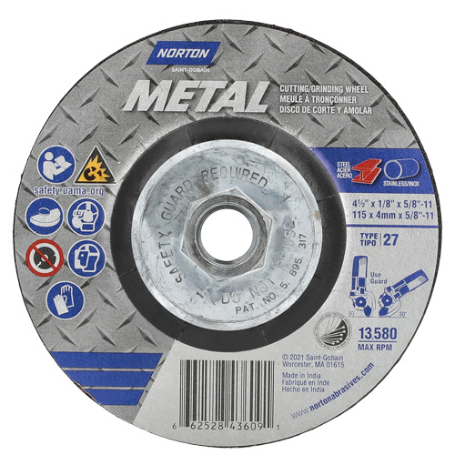 Metal Grinding & Cutting Wheel, 4-1/2" x 1/8", 5/8"-11 Arbor, Type 27, Aluminum Oxide D. Morneault & Fils