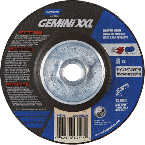 Gemini XXL Grinding Wheel, 4-1/2" x 1/4", 5/8"-11 Arbor, Aluminum Oxide, Type 27 D. Morneault & Fils