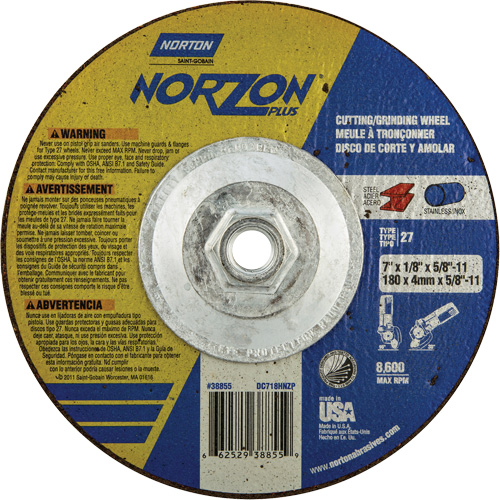 Disque de meulage et tronçonnage NorZon Plus SGZ, 7" x 1/8", Arbre de 5/8"-11, Type 27, C&eacute;ramique d'alumine D. Morneault & Fils