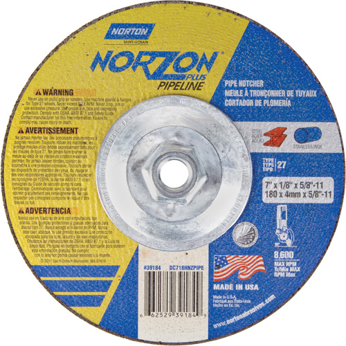 Meule &agrave; tronçonner &agrave; angle droit NorZon Plus SGZ, 7" x 1/8", Arbre de 5/8"-11, Type 27/42, C&eacute;ramique d'alumine, 8600 Tr/min D. Morneault & Fils