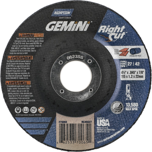 Gemini RightCut Right Angle Cut-Off Wheel, 4-1/2" x 0.045", 7/8" Arbor, Type 27/42, Aluminum Oxide, 13580 RPM D. Morneault & Fils