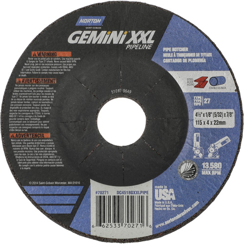 Disque combin&eacute; de meulage et tronçonnage Gemini XXL, 4-1/2" x 1/8", Arbre de 7/8", Type 27, Oxyde d'aluminium D. Morneault & Fils