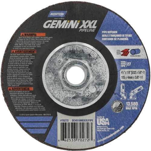 Disque combin&eacute; de meulage et tronçonnage Gemini XXL, 4-1/2" x 1/8", Arbre de 5/8"-11, Type 27, Oxyde d'aluminium D. Morneault & Fils