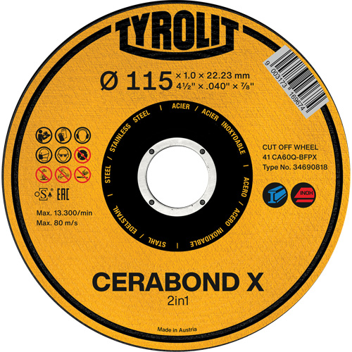 CA60Q-BFPX CERABOND X Cut-Off Wheel, 4-1/2" x 0.039", 7/8" Arbor, Type 1 D. Morneault & Fils