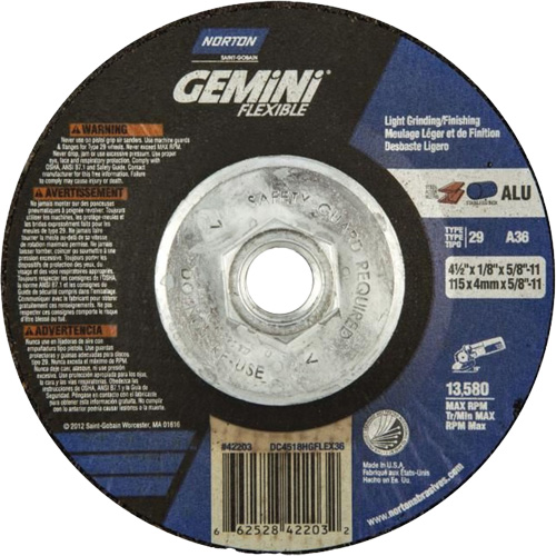 Gemini Flexible A AO Grinding and Cutting Wheel, 4-1/2" x 1/8", 5/8"-11 Arbor, Type 29, Aluminum Oxide, 13580 RPM D. Morneault & Fils