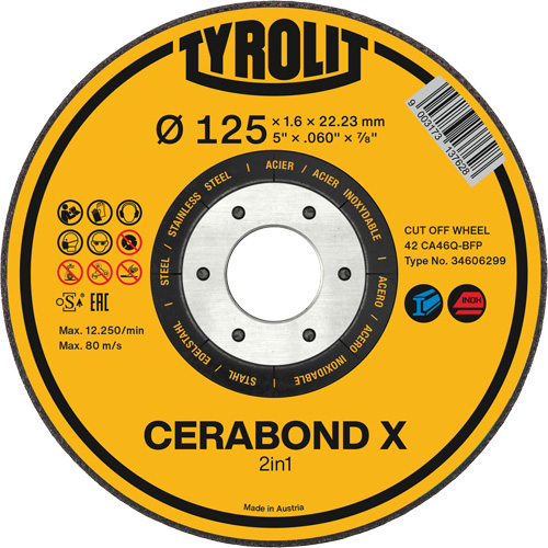 CERABOND X Cut-Off Wheel for Steel & Stainless Steel, 5" x 0.45", 7/8" Arbor, Type 1, Ceramic, 12250 RPM D. Morneault & Fils
