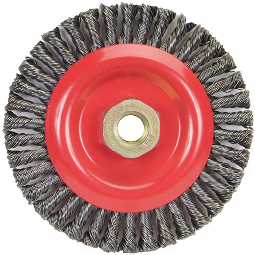 Brosse &agrave; fils nou&eacute;s pour cordons de soudure pour meuleuse angulaire, Dia. 5", Fils 0,02", Arbre 5/8"-11, Acier D. Morneault & Fils