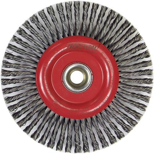 Brosse &agrave; fils nou&eacute;s pour cordons de soudure pour meuleuse angulaire, Dia. 6", Fils 0,02", Arbre 5/8"-11, Acier D. Morneault & Fils