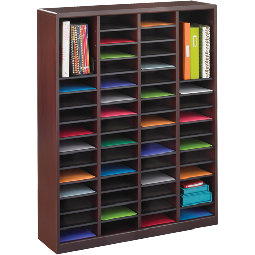 E-Z Stor&reg; Literature Organizer, Stationary, 60 Slots, Wood, 40" W x 3/4" D x 52-1/4" H D. Morneault & Fils