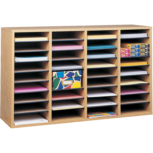 Adjustable Compartment Literature Organizer, Stationary, 36 Slots, Wood, 39-1/4" W x 11-3/4" D x 24" H D. Morneault & Fils