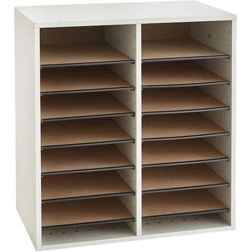 Adjustable Compartment Literature Organizer, Stationary, 16 Slots, Wood, 19-1/2" W x 11-3/4" D x 21" H D. Morneault & Fils
