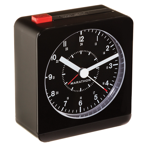 Desk Alarm Clock, Analog, Battery Operated, 3.5" W x 1.5" D x 3.75" H, Black D. Morneault & Fils