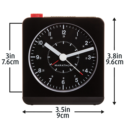 Desk Alarm Clock, Analog, Battery Operated, 3.5" W x 1.5" D x 3.75" H, Black D. Morneault & Fils