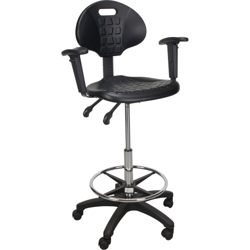 Tabouret ergonomique robuste avec accoudoirs r&eacute;glables et roulettes en nylon, Mobile, Ajustable, 39" - 48", Polyur&eacute;thane Si&egrave;ge, Noir D. Morneault & Fils