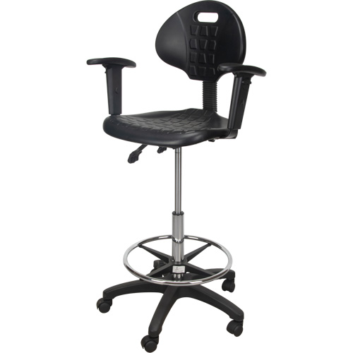 Tabouret ergonomique robuste avec accoudoirs r&eacute;glables et roulettes en nylon, Mobile, Ajustable, 39" - 48", Polyur&eacute;thane Si&egrave;ge, Noir D. Morneault & Fils