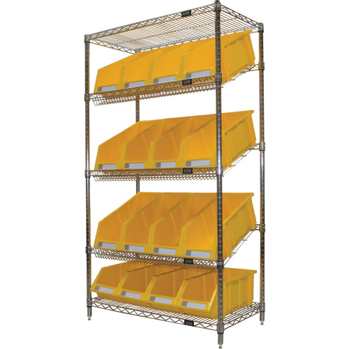 Slanted Wire Shelf with Bins, 5 Tiers, 36" W x 63" H x 18" D D. Morneault & Fils