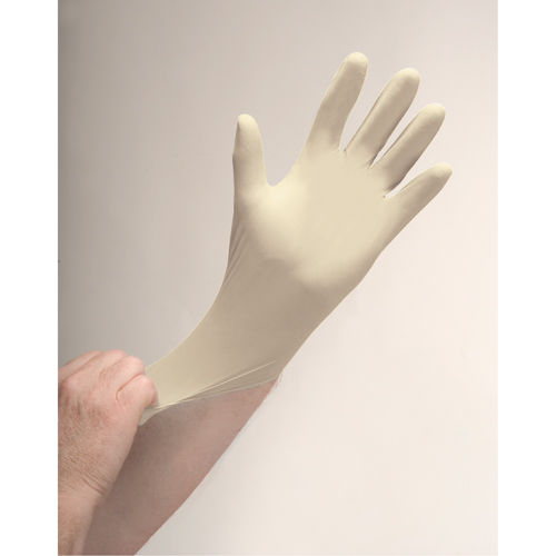 Gants d'examen de premi&egrave;re qualit&eacute; pour peau sensible, T-Grand, Latex, 4 mils, Poudr&eacute;s, Naturel D. Morneault & Fils