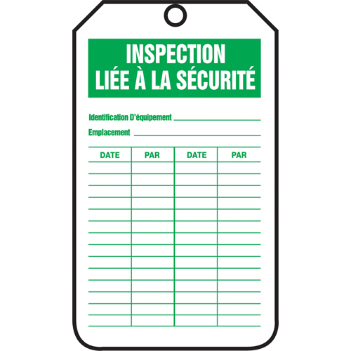 &eacute;tiquettes de s&eacute;curit&eacute; d'inspection et de contr&ocirc;le de l'&eacute;tat de l'&eacute;quipement, Plastique, 3-1/8" la x 5-7/8" h, Français D. Morneault & Fils